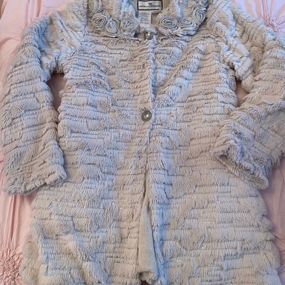 American Widgeon Faux Fur Dress Coat ivory w/silver sequin trim. Girls Size 10